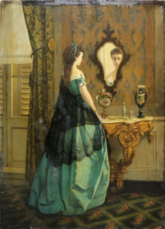 0670-Edmond Lambrichs, Interieur mit junger Dame vor dem Spiegel, Ölgemälde