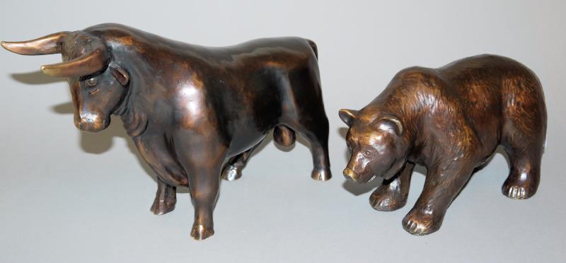 0456-Roman, Paar Bronzeplastiken Bulle und Bär, Symbole der Börse