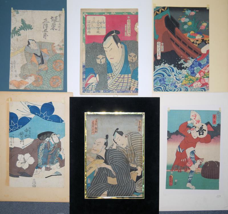 0524Sechs japanische Farbholzschnitte von Kunichika, Kuniyoshi und