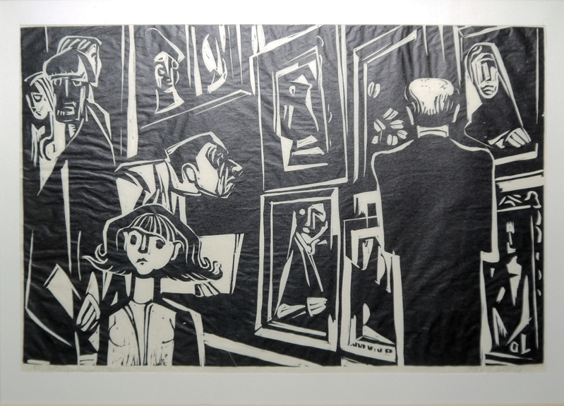 0153Otto Laible, “Ausstellungsbesucher 1950”, Linolschnitt, um 1950