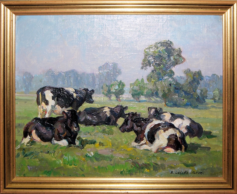 August LüdeckeCleve, An der Tränke Viehstück, Ölgemälde, Goldrahmen