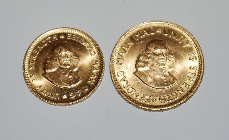 Zwei Goldmünzen 2 Rand Südafrika 1966 & 1 Rand, 1968, Südafrika
