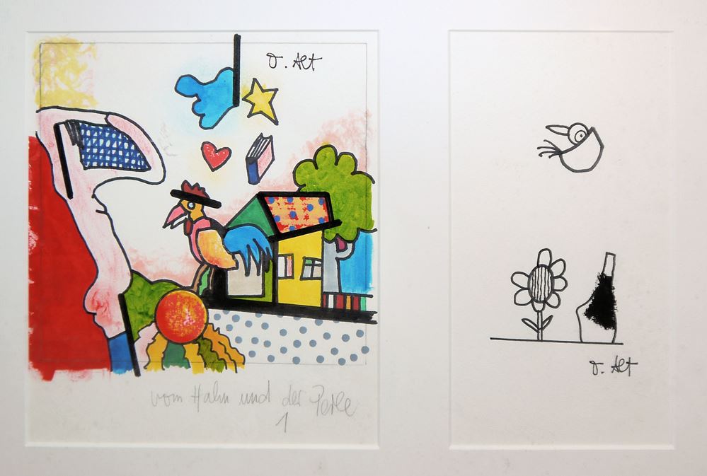 0008-Otmar Alt, 3 Originale: "Vom Hahn und der Perle", Blume, Flasche und Vogel und Vogelwesen, 3 x Aquarell/ Mischtechnik/Zeichnung, gerahmt - Image 2