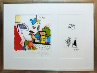 0008-Otmar Alt, 3 Originale: "Vom Hahn und der Perle", Blume, Flasche und Vogel und Vogelwesen, 3 x Aquarell/ Mischtechnik/Zeichnung, gerahmt