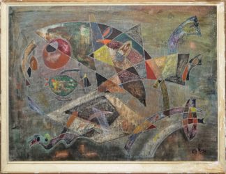 0024-Emiel Bergen, "Abstraction I", Ölgemälde von 1951, ausgestellt auf der "Quatriennal de Belgique (Vierjahressalon) 1953 in Lüttich (Liège)", im Originalrahmen