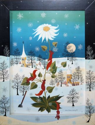 0052-Anita Büscher-Harling, Winterlandschaft mit Eichhörnchen, Gemälde mit Künstlerrahmen von 1978