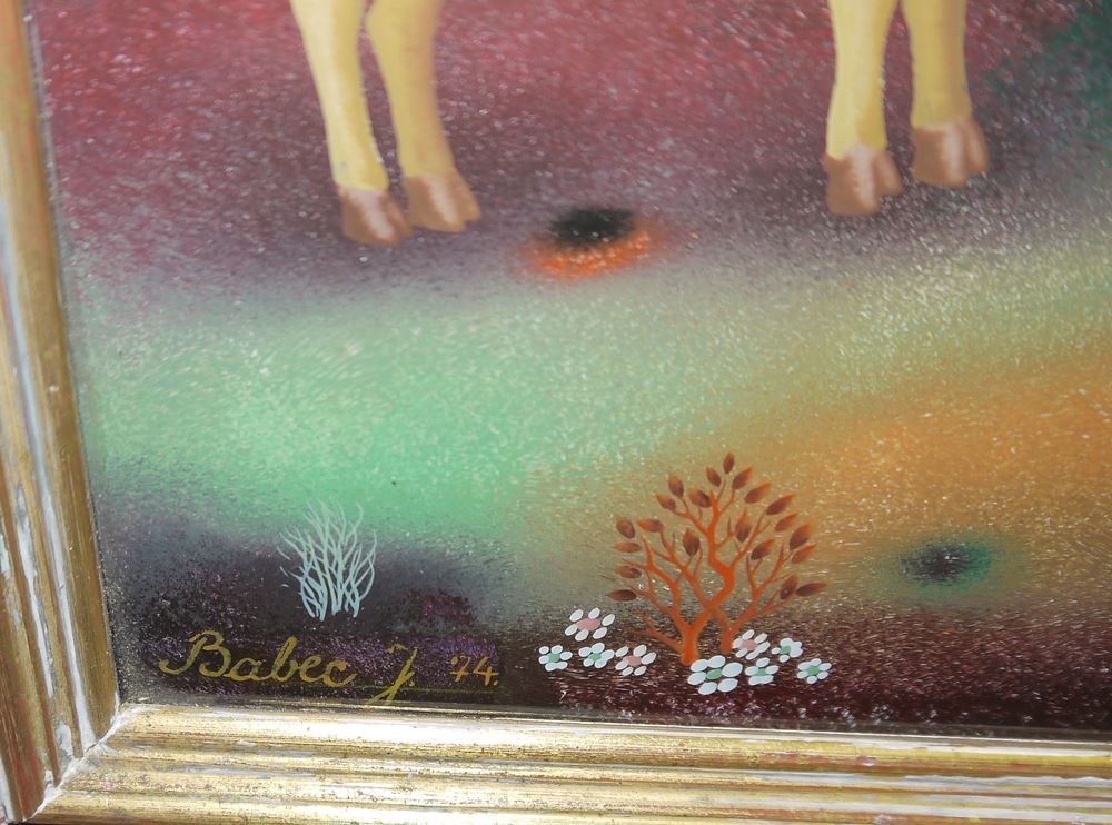 0053-Branko Bunić-Babek, Hirsche und Rehe unter Bäumen, Hinterglas-Gemälde von 1974 (Moderne Jugoslawische Naive) – Bild 2