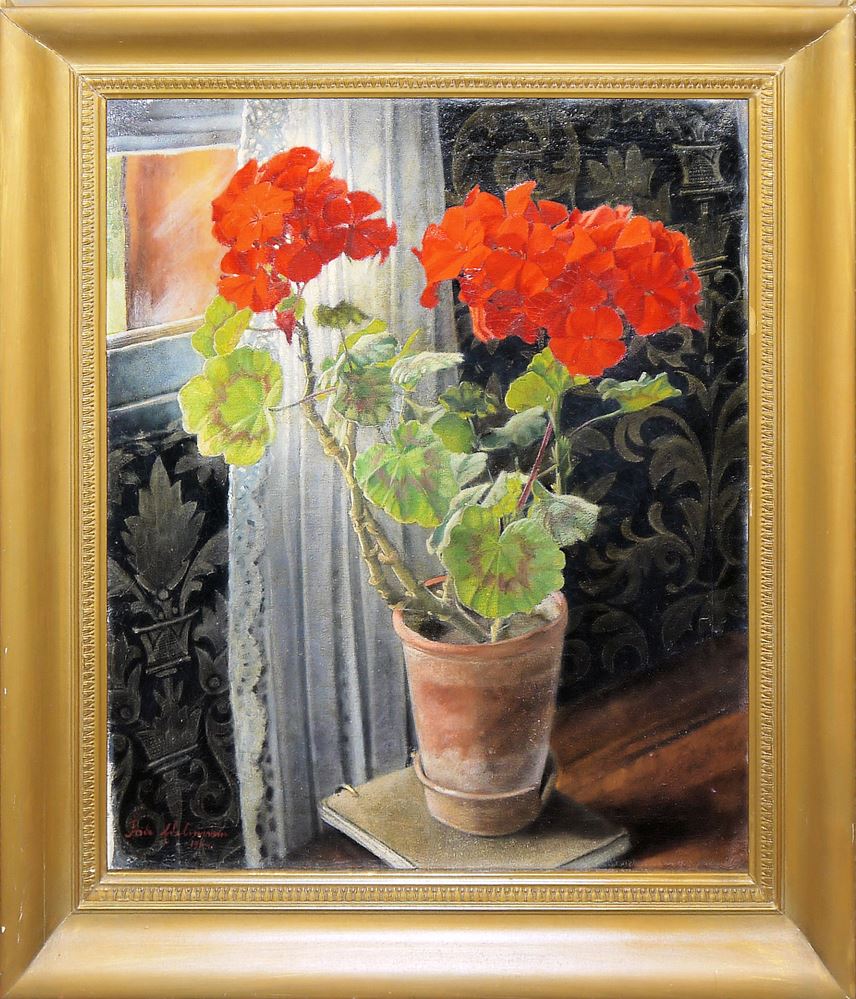 0098-Fridel Dethleffs-Edelmann, Rote Geranien, Neusachliches Ölgemälde, Karlsruhe 1924, original gerahmt – Bild 2