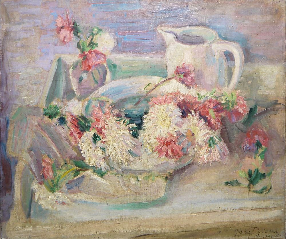 0109-Charles Dumont, Stillleben mit Gefäßen und Astern (Nature morte avec vases et asters), Ölgemälde, Paris um 1930, in Originalrahmung (Encadrement original) – Bild 3