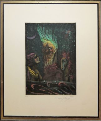 0135-Ernst Fuchs, Lilith - Der gespaltene Adam, signierte Farbaquatinta-Radierung von 1975, gerahmt