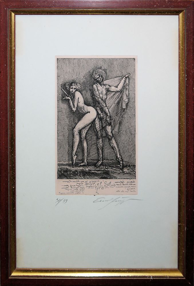 0136-Ernst Fuchs, "Baum der Aphrodite", handkolorierte Aquatintaradierung und "Satyr und Satyra", signierte Radierung, gerahmt – Bild 3