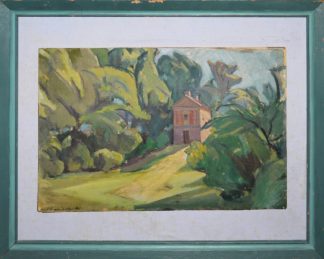 0171-Kurt Haase-Jastrow, "Das rote Wachhaus im Park zu Wörlitz", expressionistisches Ölgemälde von 1921, mit handschriftl. Widmung des Künstlers, Speicherfund