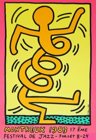 0177-Keith Haring, "Montreux Jazz- Festival 1982", originales Farbsiebdruck-Plakat , prof. auf Platte aufgezogen