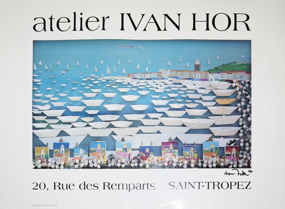 0209-Ivan Hor, Segelbooot, gefaltetes Papier, sign. Neujahrskarte mit gestanztem Segelboot & sign. Plakat, St. Tropez 1997/2001 - Image 4