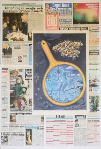 0218-Jörg Immendorff, Collage mit "Mensch 2000", Bild Zeitungen mit signierter Offset-Farblithographie
