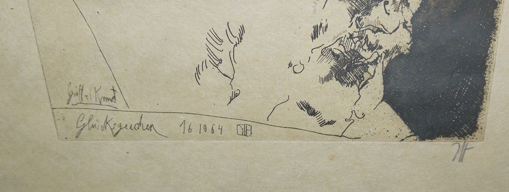0225-Horst Janssen, Glückszeichen / Selbstporträt / Liselotten-Land / Langenhorn, 4 signierte Radierungen von 1964-87, gerahmt – Bild 5