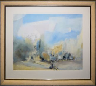 0291-Leander, 2 große Ölgemälde in edler Galerierahmung: Visionäre Stadtlandschaft & Stadtbild mit Menschen vor einem historischen Kirchengebäude
