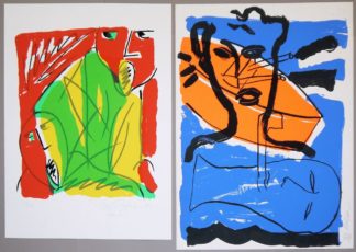 0324-Bruce Mclean und Peter Capitéyns, Abstrakte Gesichter, 2 signierte Farbserigraphien von 1983
