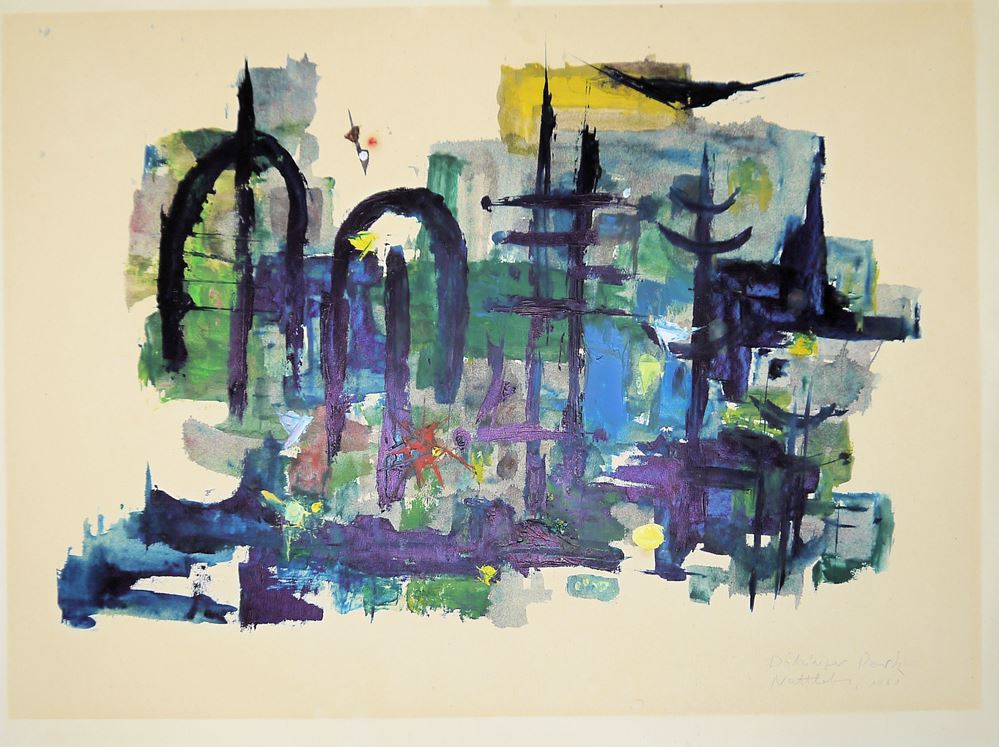 0361-Waldemar Nottbohm, "Vor dem Licht", frühes Informel, Ölgemälde von 1959 sowie kleines Ölbild von 1960, dazu Linolschnitt und Mappe mit 11 Lithographien von 1970 – Bild 4