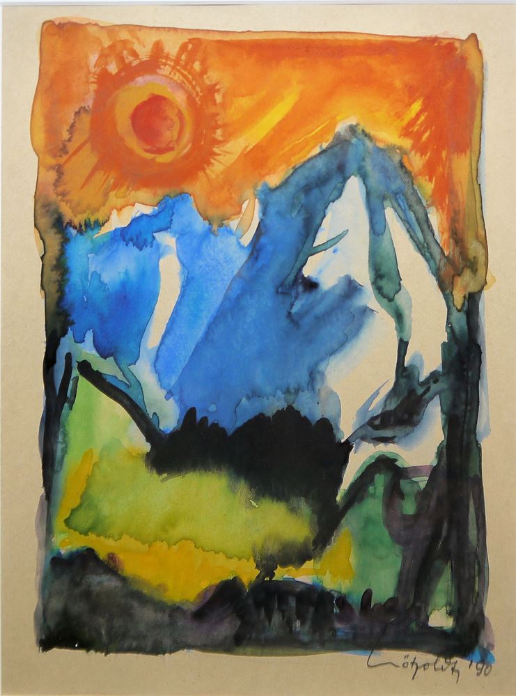 0362-Helmut Nötzoldt, "Schwarzer Losverkäufer" von 1951, Sonnenaufgang von 1990 und Sommerlandschaft von 1991, 3 Aquarelle, gerahmt – Bild 4