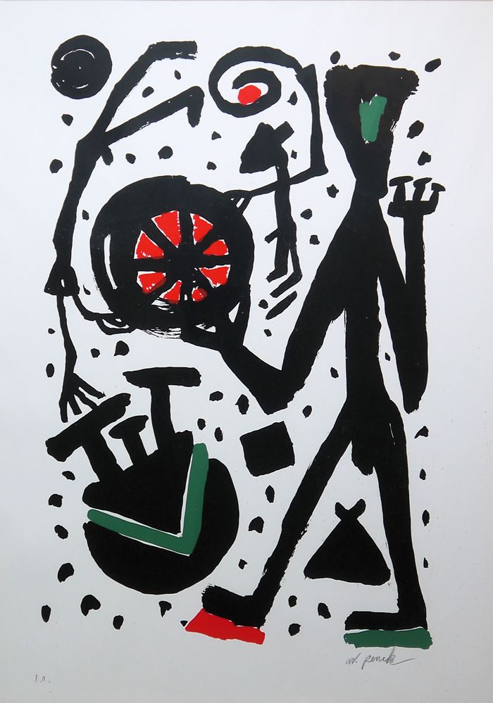 0378-A.R.Penck, "Schreitender mit Weltrad", großer, sign. Farbsiebdruck, in Galerierahmung (120 x 95cm) – Bild 3