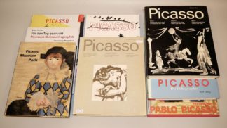 0385-Pablo Picasso, Sammlung von 8 Fachbüchern (Bloch u.a.) & 5 Picasso-Plakate mit unterschiedlichen Motiven, alles in gepflegter Erhaltung