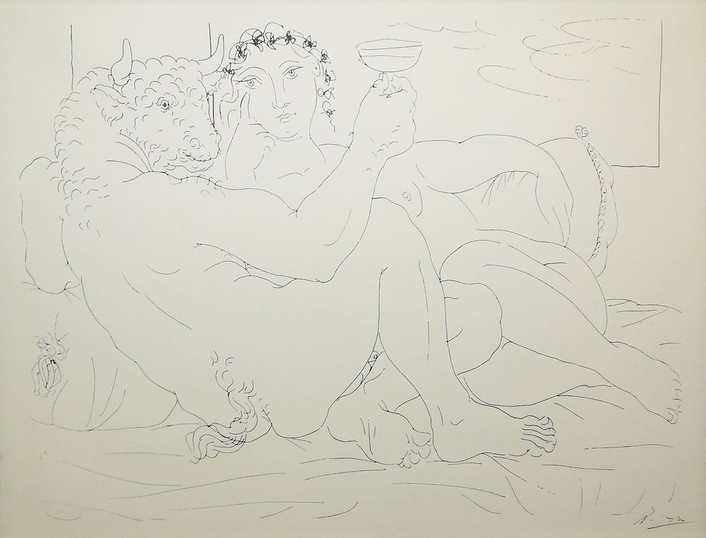 0386-Pablo Picasso, nach, "Minotaure, une coupe à la main, et jeune femme", große Faksimile-Lithographie, aufwändig und edel gerahmt – Bild 2
