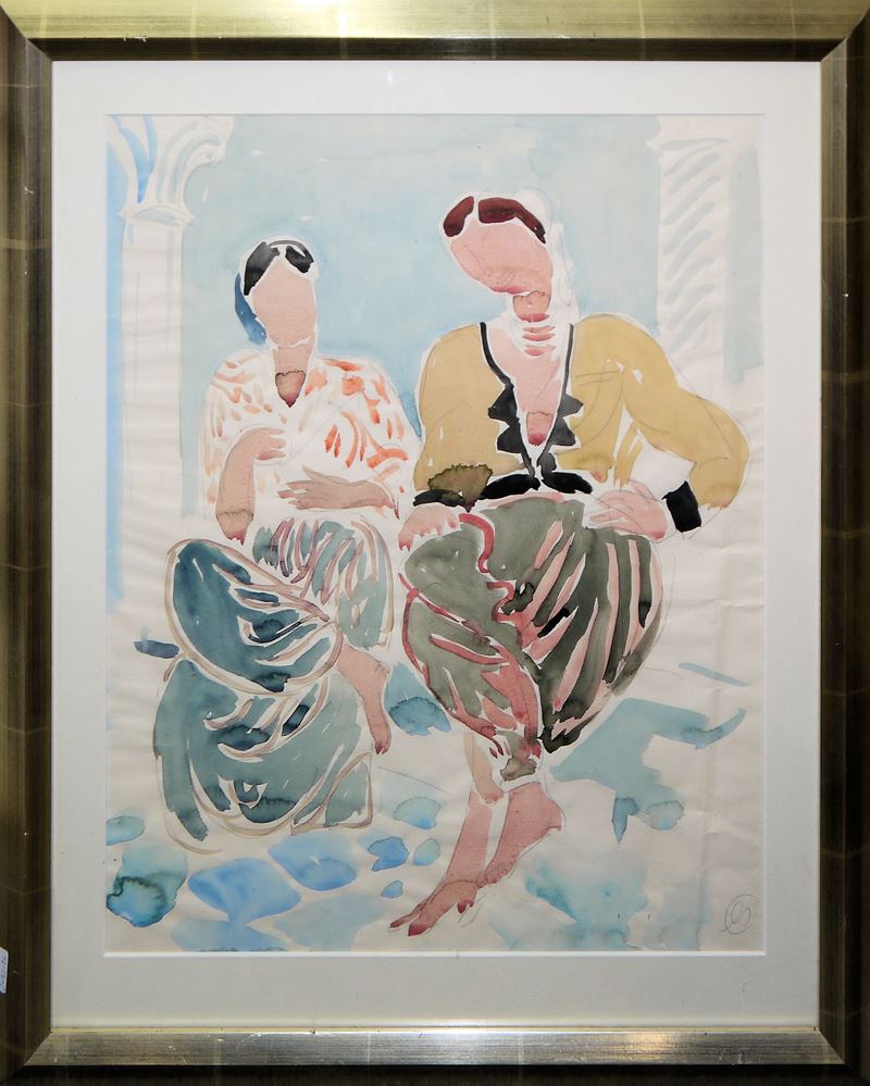 0445-Eberhard Schlotter, Im Gespräch, signiertes Aquarell, gerahmt – Bild 2