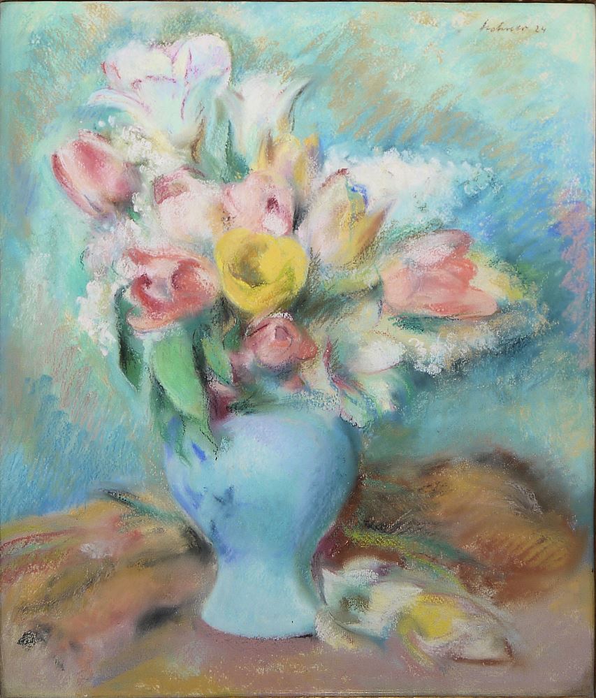 0479-Karl Stohner, Blumenstillleben mit Frühlingsblumen, Pastell von 1924, gerahmt – Bild 3