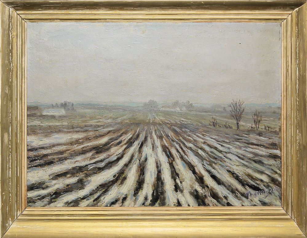 0484-Hans Thorning & F. Frongeur, Flusslandschaft und Winterliche Felder, 2 Ölgemälde, gerahmt – Bild 4