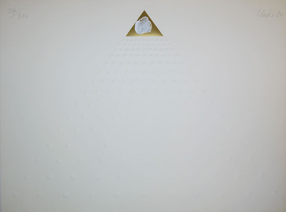 0492-Günther Uecker, "Spitze der Pyramide", signierter Prägedruck mit Goldfolie und Ölfarbe (Fingerabdruck), 1980, in Originalmappe – Bild 2