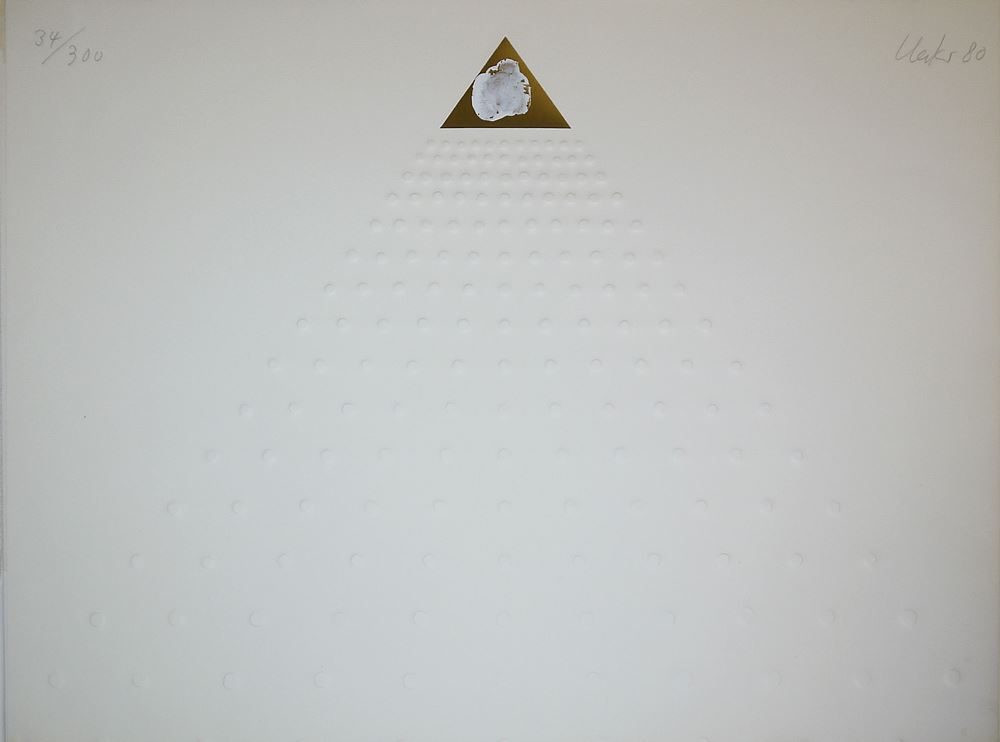 0492-Günther Uecker, "Spitze der Pyramide", signierter Prägedruck mit Goldfolie und Ölfarbe (Fingerabdruck), 1980, in Originalmappe – Bild 5