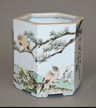 0559-Bitong mit Vogelpärchen in Qianjiang cai, späte Qing-/ Republik-Zeit, China um 1900