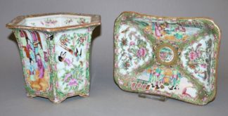 0563-Blumentopf und Schale, zwei Porzellane im Kanton-Stil, späte Qing-Zeit, China 19. Jh.