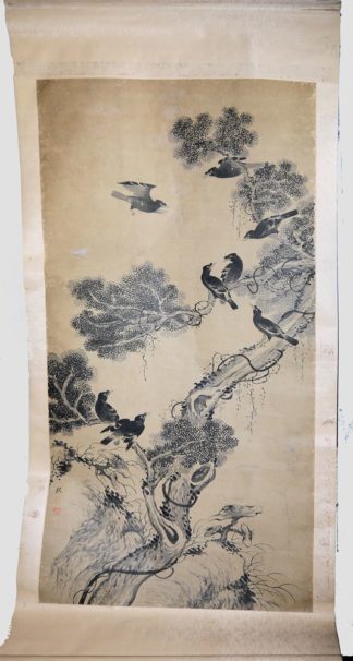 0589-Wang Xuetao sign., Elstern auf Baum, Tuschemalerei auf Bildrolle, China 20. Jh.
