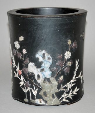 0599-Bitong aus Zitan-Holz mit Steinintarsien, Qing-Zeit, China 19. Jh.