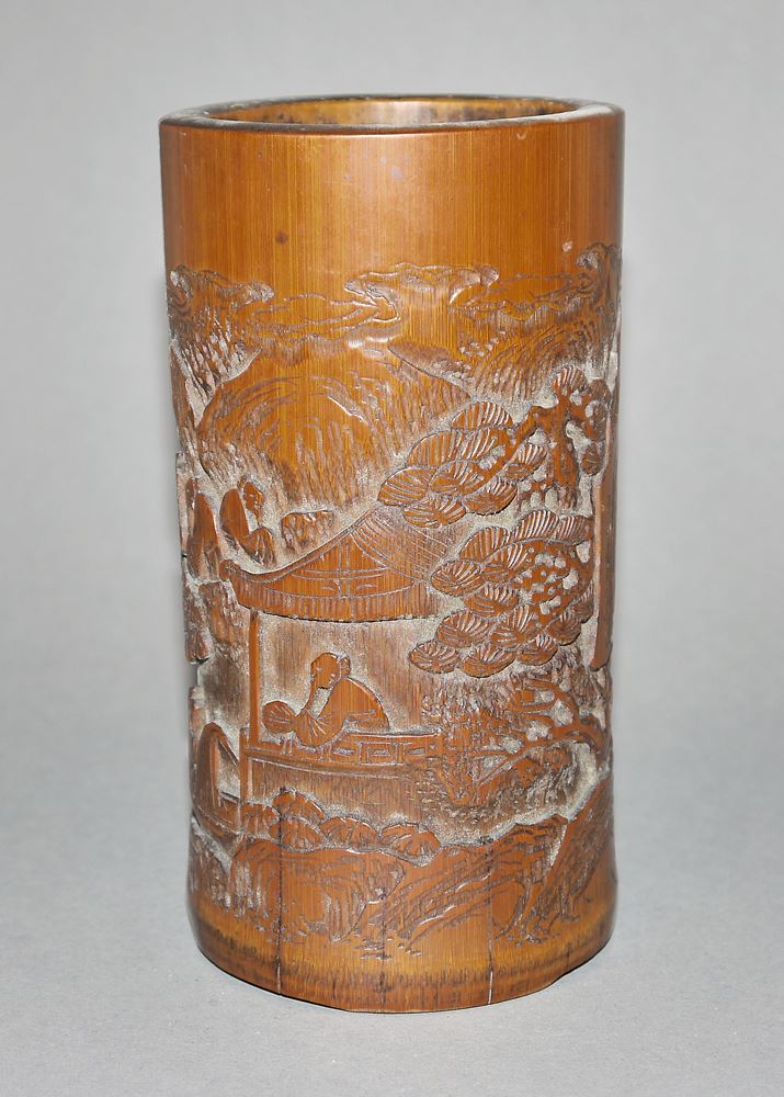0600-Diaoqi-Zinnoberlackschale, Lackteller und Bambus-Pinselbecher, alle Qing-Zeit, China 19. Jh. – Bild 5