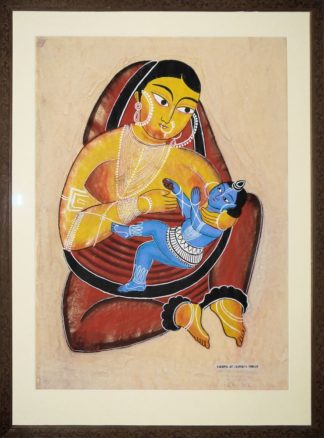 0625-Der Gott Krishna wird von seiner Ziehmutter Yashoda gestillt, Kalighat-Malerei von Shree Chandra Chitrakar, Bengalen 1983