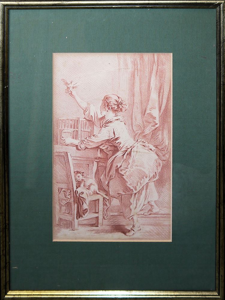0683-François Boucher, nach, "La jeune fille et l'oiseau", Kreidelithographie, Franz Joseph Spiegler zugeschr., Frauenportrait, Rötelzeichnung und unbekannter Künstler, Urania, Aquarell, alle um 1800 u. gerahmt – Bild 2