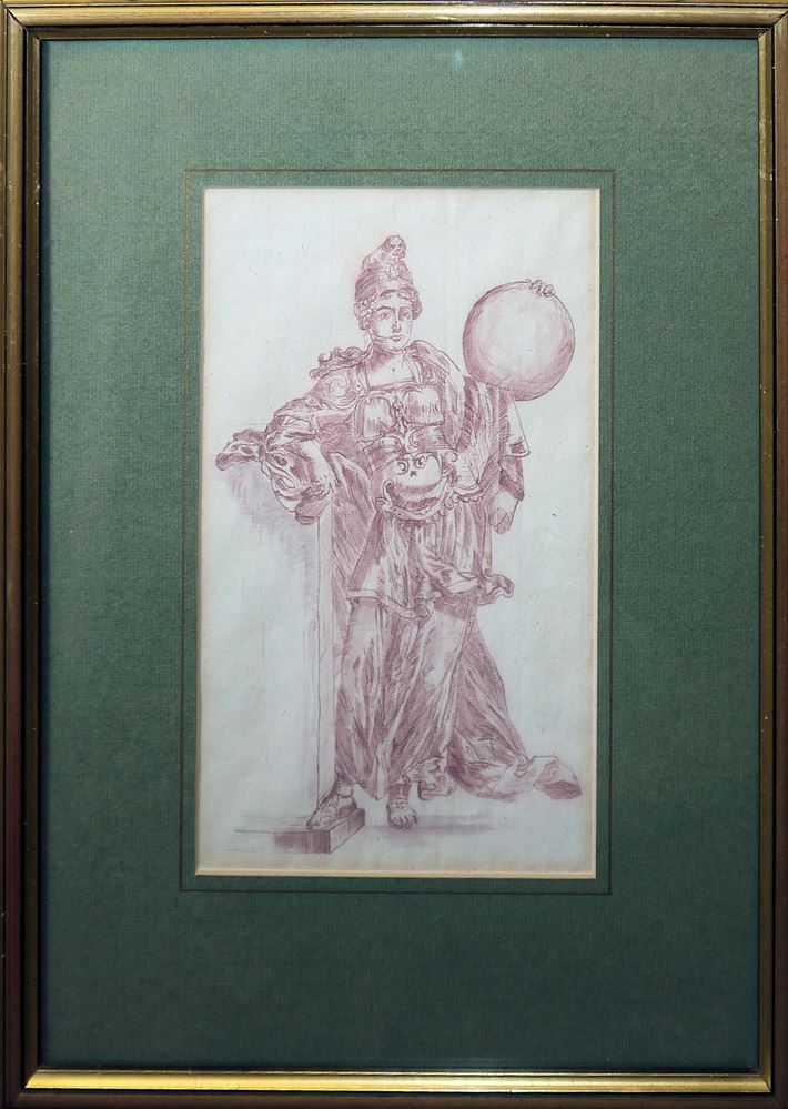 0683-François Boucher, nach, "La jeune fille et l'oiseau", Kreidelithographie, Franz Joseph Spiegler zugeschr., Frauenportrait, Rötelzeichnung und unbekannter Künstler, Urania, Aquarell, alle um 1800 u. gerahmt – Bild 3