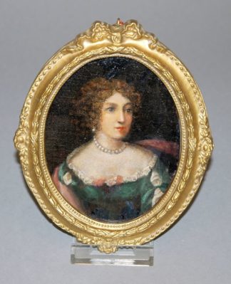 0685-Portrait de la Marquise de Brinvilliers, Miniatur -Ölgemälde des 19. Jhs. im Goldstuckrahmen
