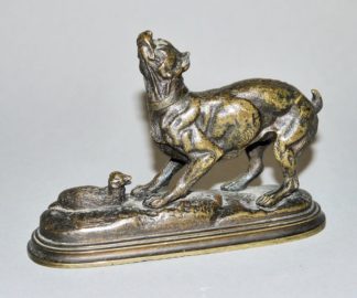 0688-Paul-Édouard Delabrièrre, Chien de chasse/ Staffordshire Bullterrier avec un opossum (Jagdhund mit Opossum), Bronzeplastik um 1860, signiert