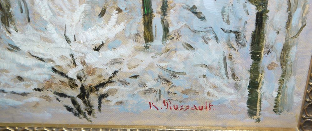 0689-Karl Dussaut, Winterliche Bäume mit Kirchturm, Ölgemälde, gerahmt – Bild 2