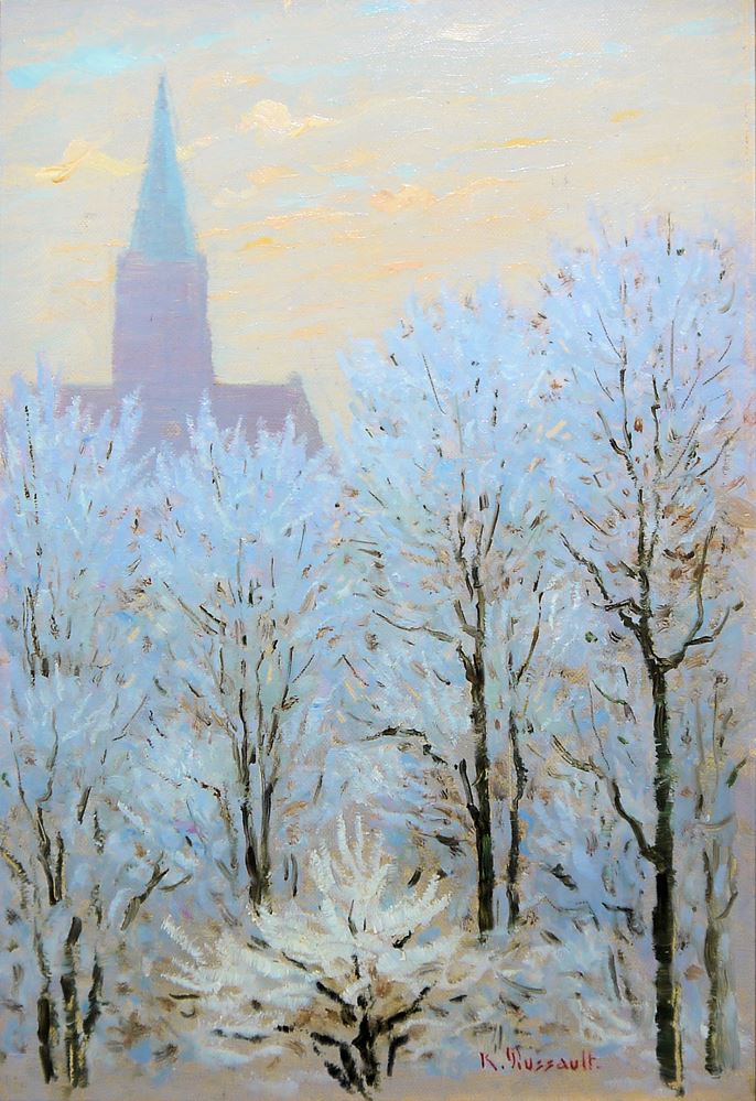 0689-Karl Dussaut, Winterliche Bäume mit Kirchturm, Ölgemälde, gerahmt – Bild 3