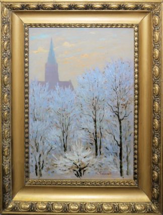 0689-Karl Dussaut, Winterliche Bäume mit Kirchturm, Ölgemälde, gerahmt