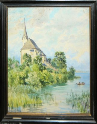 0693-Ludwig Hans Fischer, Wallfahrtskirche Maria Wörth am Wörthersee, Aquarell um 1880, original gerahmt