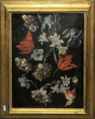 0696-Jacob de Gheyn II Umkreis/Nachfolge, Rote Tulpen, Lilien, Orchideen u.a. vor dunklem Grund, Ölgemälde des 17. Jhs., gerahmt