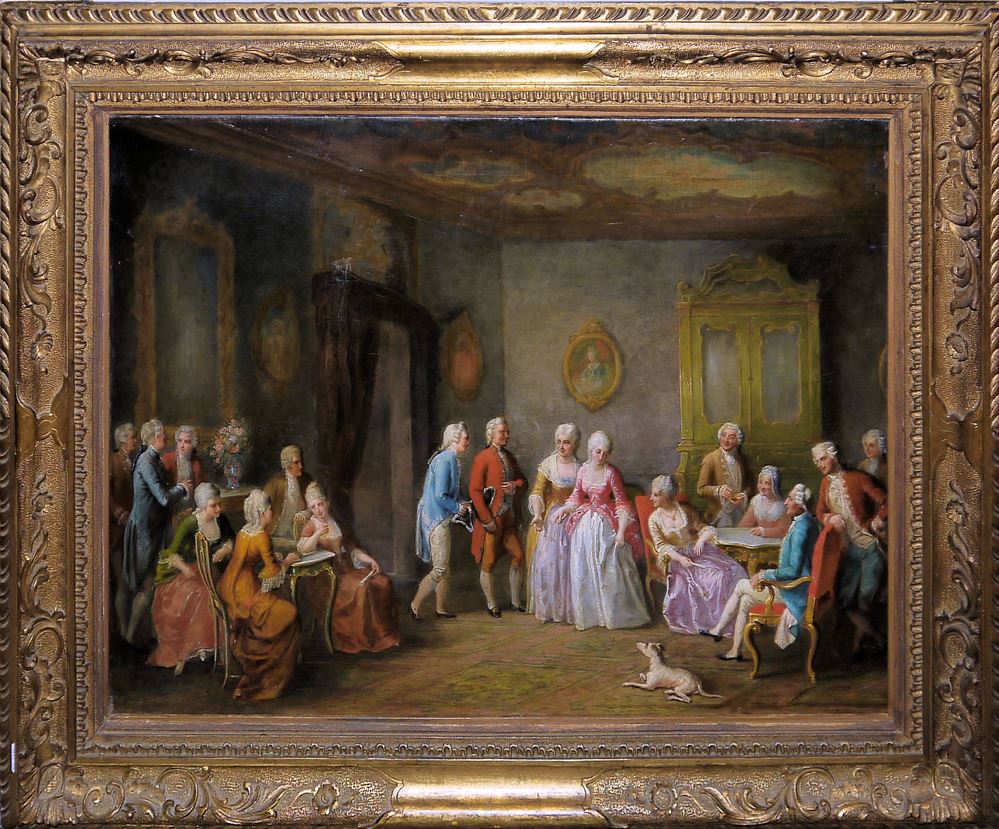 0697-Félix Henri Giacomotti, Elegante Rokoko-Gesellschaft, Ölgemälde, im wohl originalen Goldstuckrahmen – Bild 2