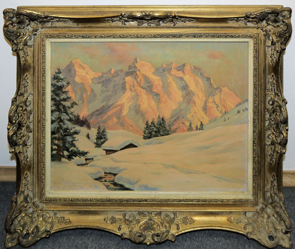 0709-Erwin Kettemann, "Winterabend bei (Klais) Mittelwald mit westlichem Karwendelgebirge", Ölgemälde, gerahmt – Bild 2
