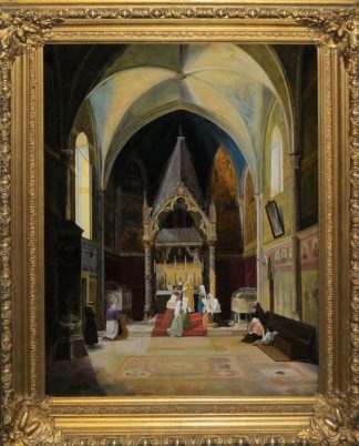 0710-F. v. Kirchbach, Messe in einer gotischen, wohl italienischen Kirche, Ölgemälde von 1848, im originalen Goldstuckrahmen